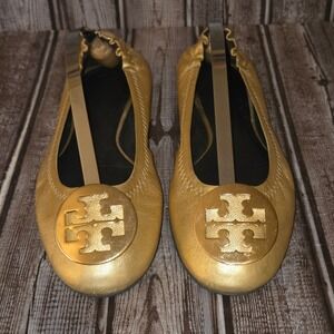 Sz 7.5 M Womens Tory Burch Gold Metallic Leather Reva Logo Ballet Flats Shoes